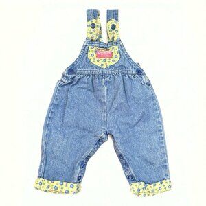 OshKosh BGosh Girls Sz 3-6 Months Denim Overalls Floral USA Vintage Cuff Bow